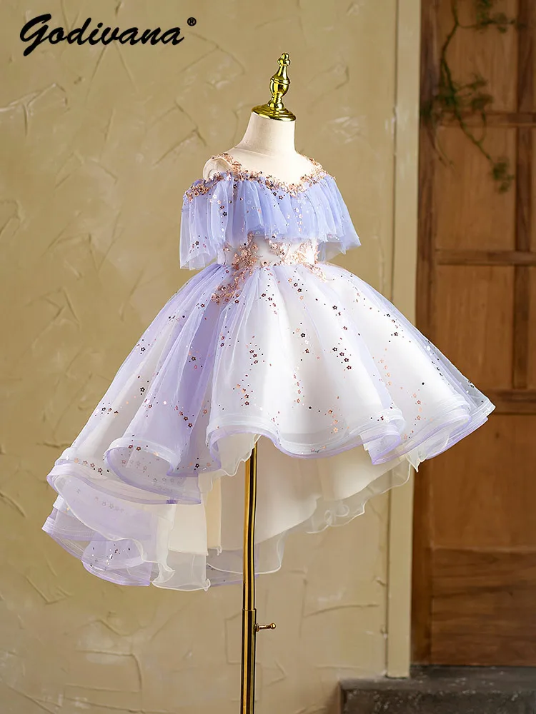 High End Purple Baby Girls Summer Sequin Birthday Party Princess Straps Dress High-low Hem Flower Girl Wedding Performance Gown