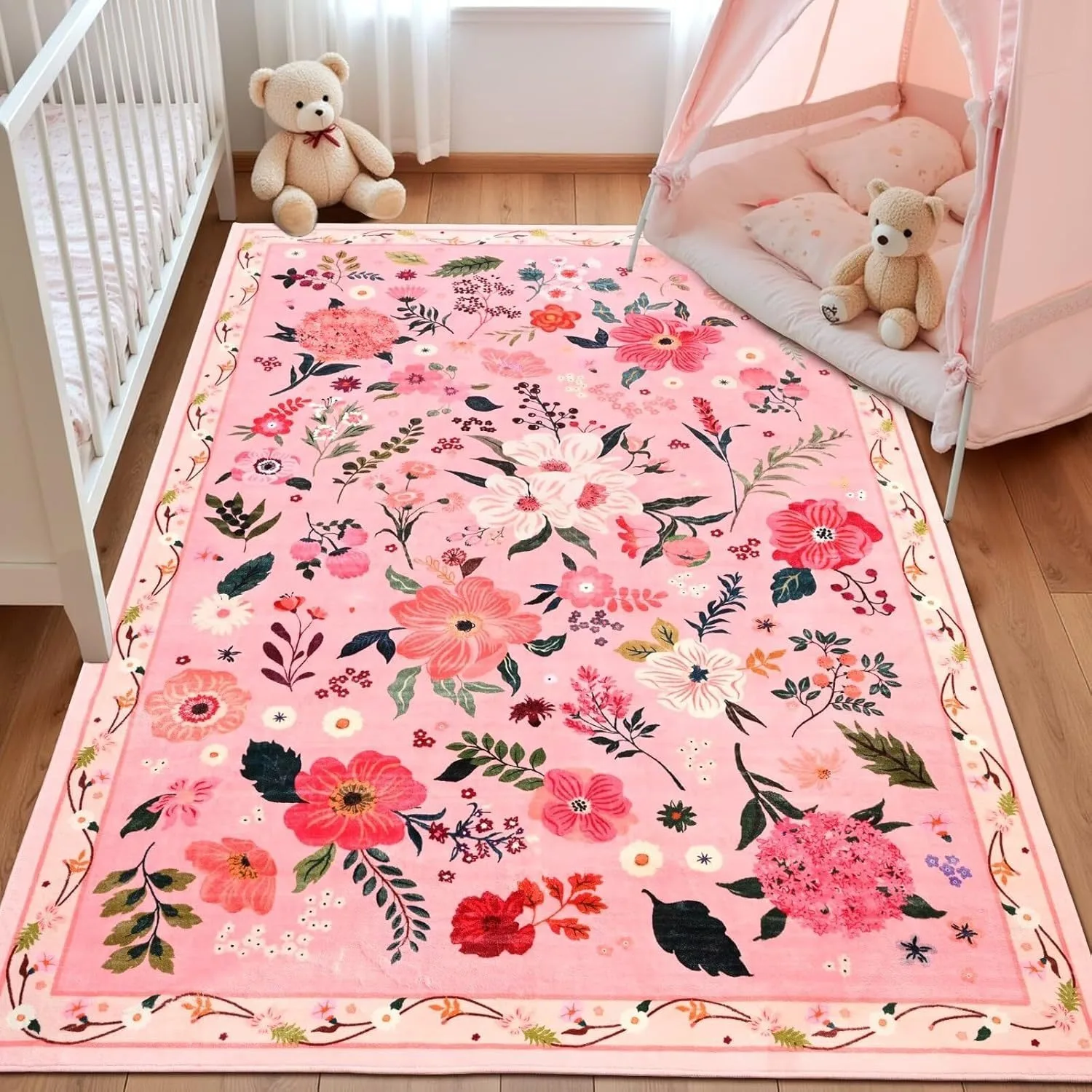 Pink Floral Rug Flowers Printed Washable Small Rugs with Backing for Girls Bedroom Decoration Kids Play Area Non Slip Floor Mat