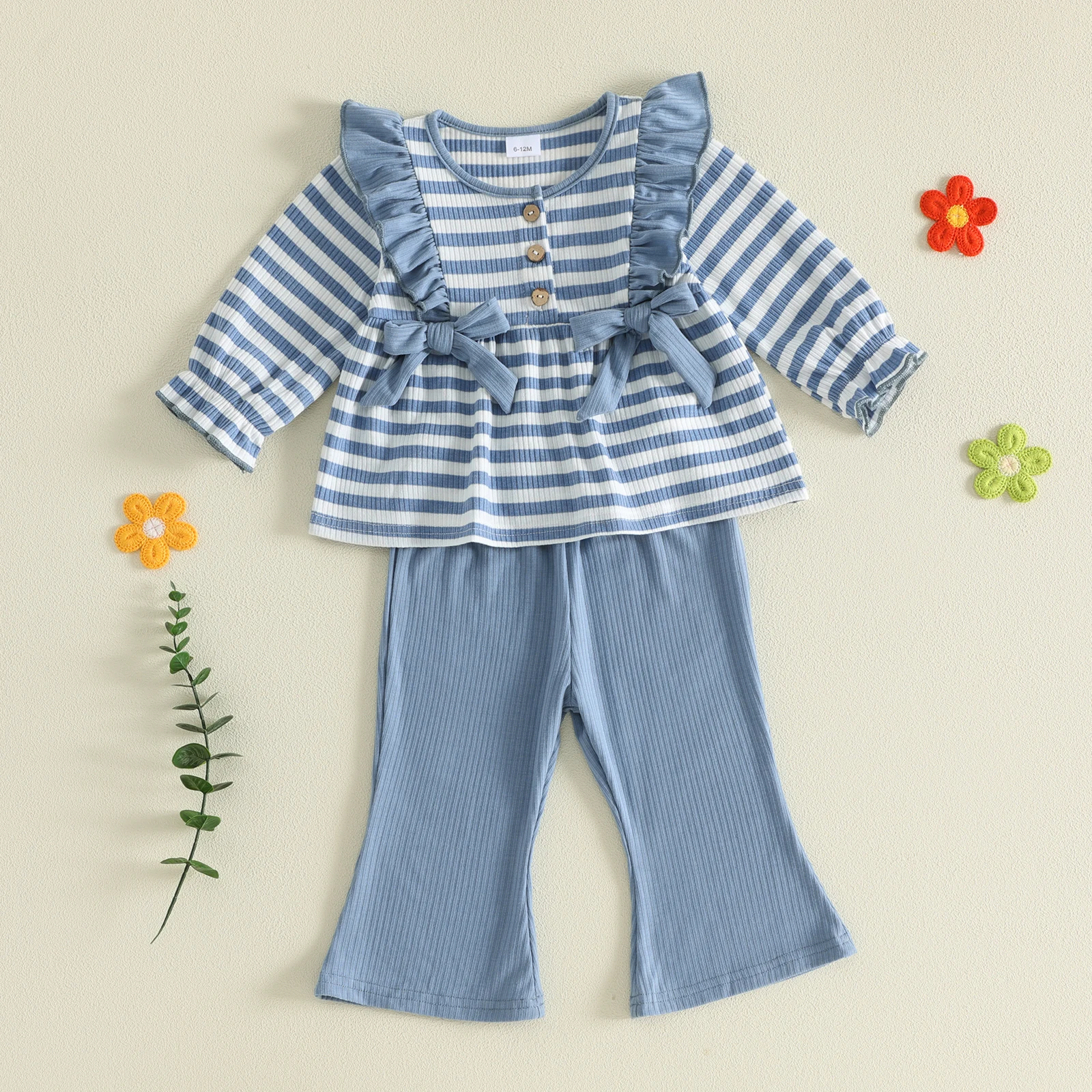 1-4Y Girl Fall Outfits Stripe Long Sleeve Ruffled t Shirt Tops Solid Flare Pants Set Waffle Girls Autumn Clothes Set