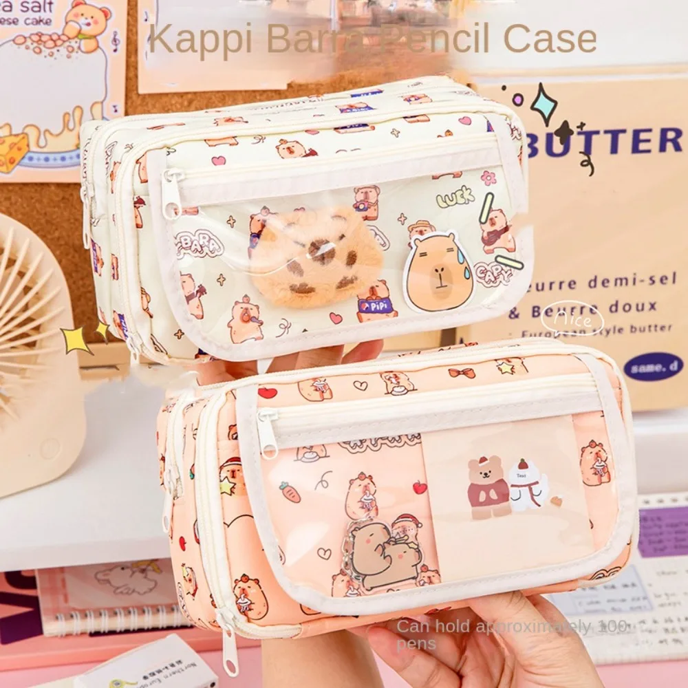 

Canvas Capybara Pen Bag Large Capacity Multi Layer Cartoon Pencil Cases Badge Display Storage Bag Stationery Bag