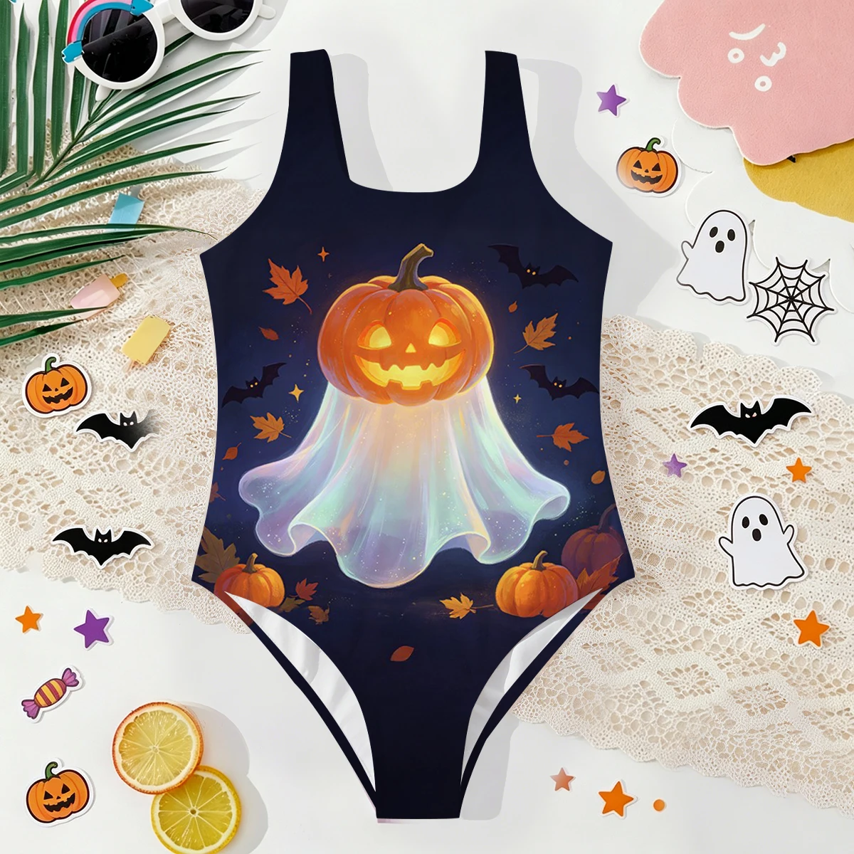 Girls' Summer Halloween Atmospheric Pumpkin Fhost Fashionable Tight One-piece Swimsuit