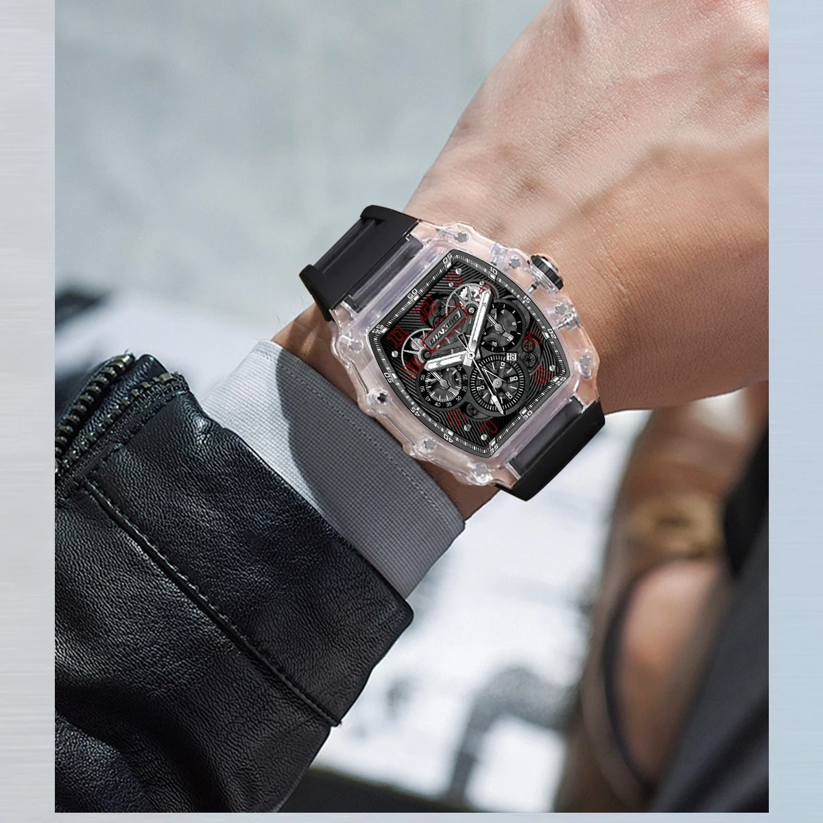 CHAXIGO 035 Hot Selling 3D Fashion Trend Quartz Watch Men Transparent Colorful Wine Barrel Shape Automatic Date Watches for Man