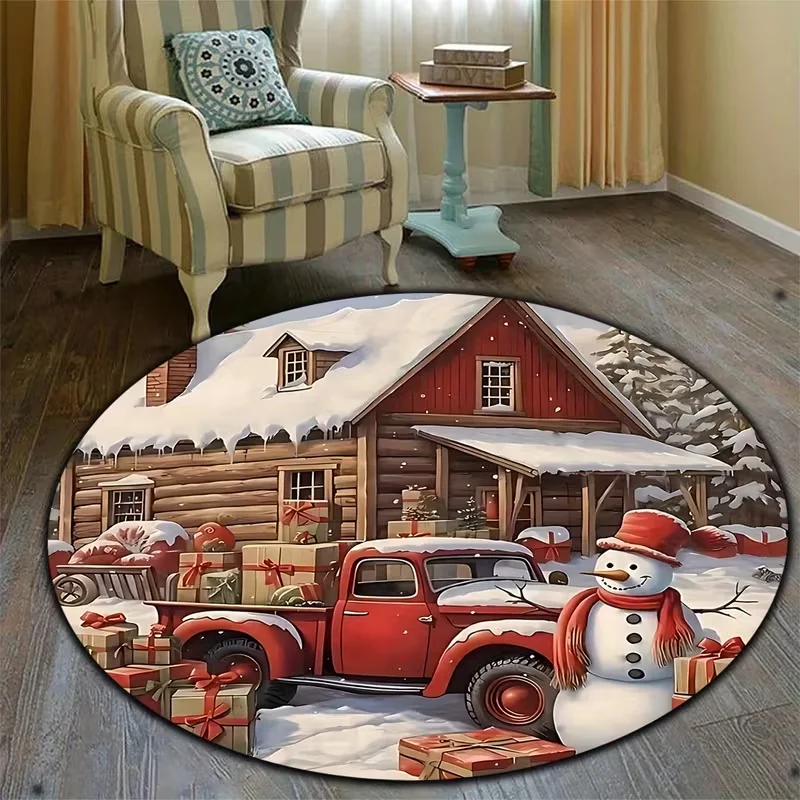Round Christmas Rug Red Barn House Christmas Tree Gift Snow Scene Print Soft Carpet for Living Room Bedroom Holiday Decor
