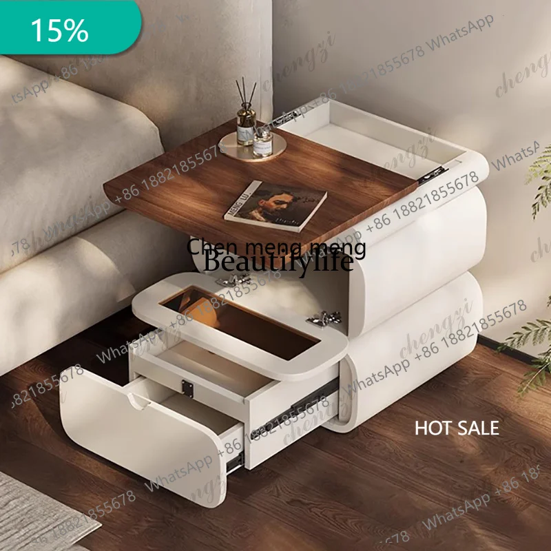 EE182 Rustic Nordic Bedside Table With Secret Compartment Safe Curved Cream Nightstand Unique Chic Mesitas De Noche Furniture Fo