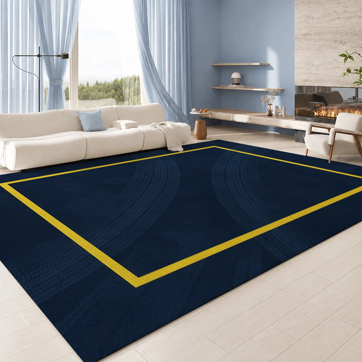 Large Indoor Area Rug, Soft Velvet Low Pile Non-Slip Dotted Backing, Machine Washable Navy Blue Modern Diagonal Striped Rug for Living Room, Bedroom Home Decor