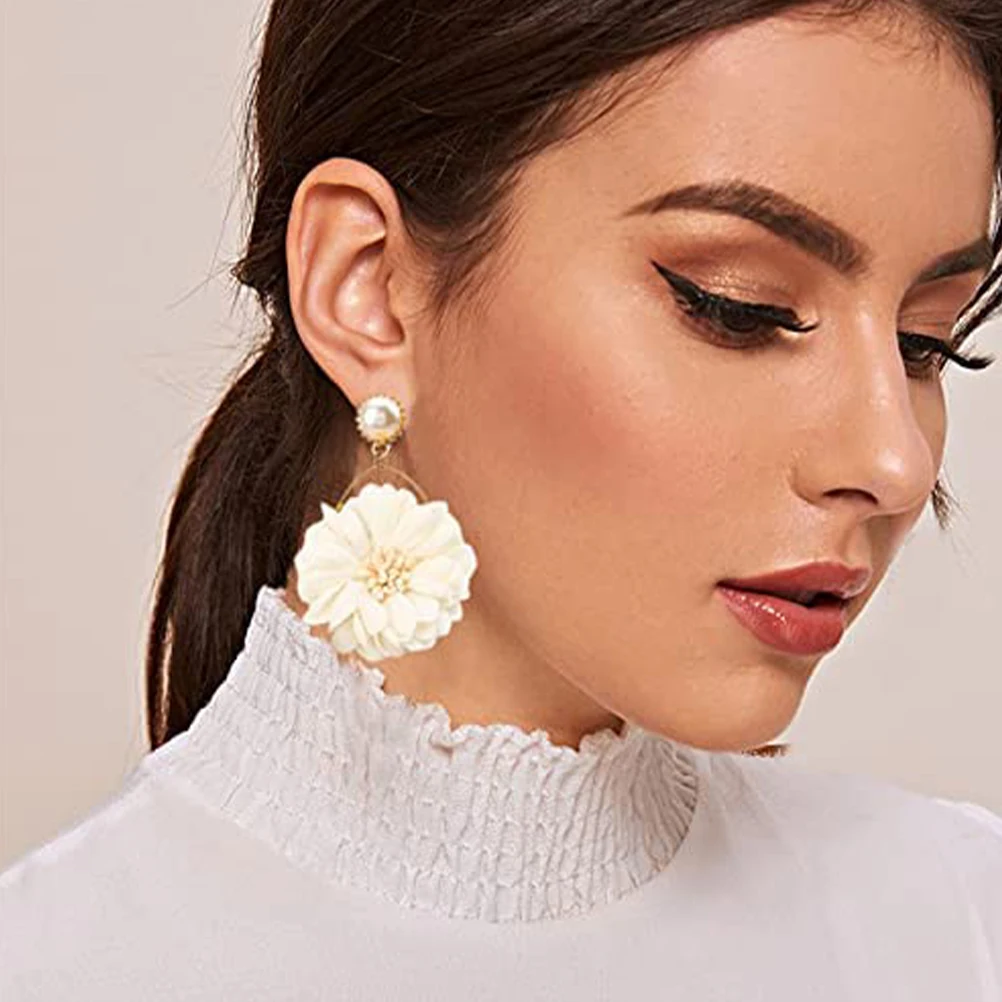 

1 Pairfabric Flower Dangle Earrings With Pearl Decor Elegant Drop Earrings For Women Unique Jewelry Large Statement Trendy