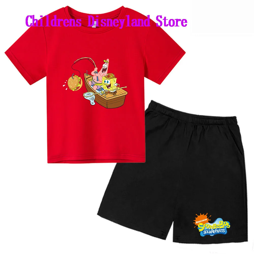 Spongebob Squarepants Spring And Autumn Children's Wear Boys And Girls T-shirt Set 2-piece Anime t shirt Sportswear Shorts boys