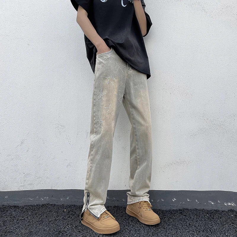 

Yellow Mud Color Men's High Street Faion Jeans Zipper Slit Wide Leg Pants American Retro Loose Straight Long Trousers