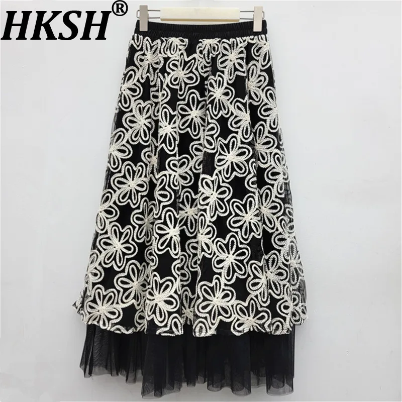 HKSH Women Skirt Heavy Embroidery Floral Niche Design Patchwork Mesh Large Hem A-Line Fashion Casual Vintage Long Skirts HK26742