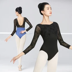 Women Ballet Leotards Gymnastics Leotards Flocking Splice Dance Leotard Square Collar U Back Long Sleeves Nylon Dancing Bodysuit