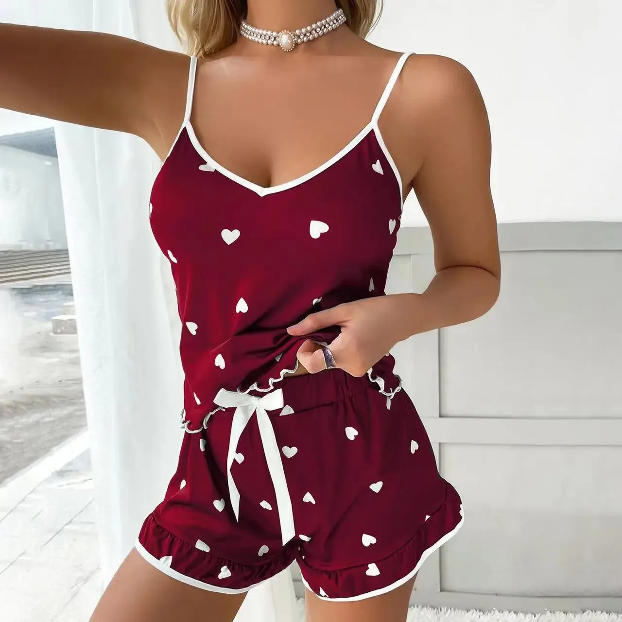 

Summer Hot Sale Women's Sleeveless Strap Two-Piece Set Home Sleepwear Soft Drapey Cute Heart Print Sleepwear Ensemble