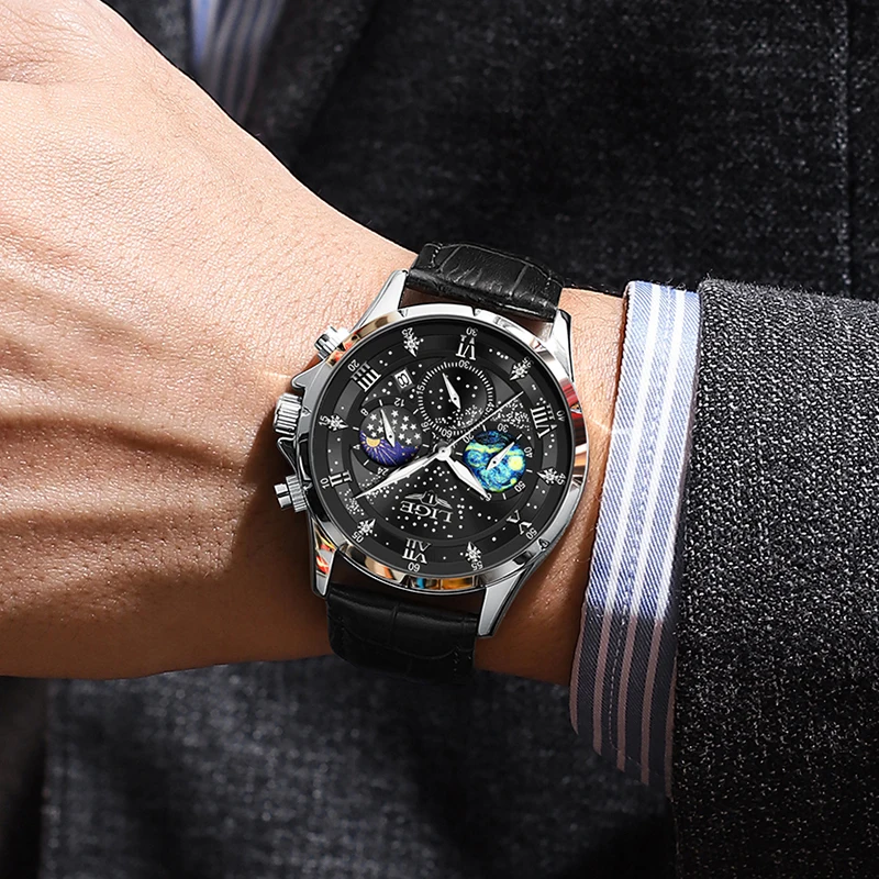 LIGE 2024Mens Watch Luxury Waterproof Male Clock Moon Phase Date Casual Leather Quartz Wrist Watch Men Chronograph Montre Homme