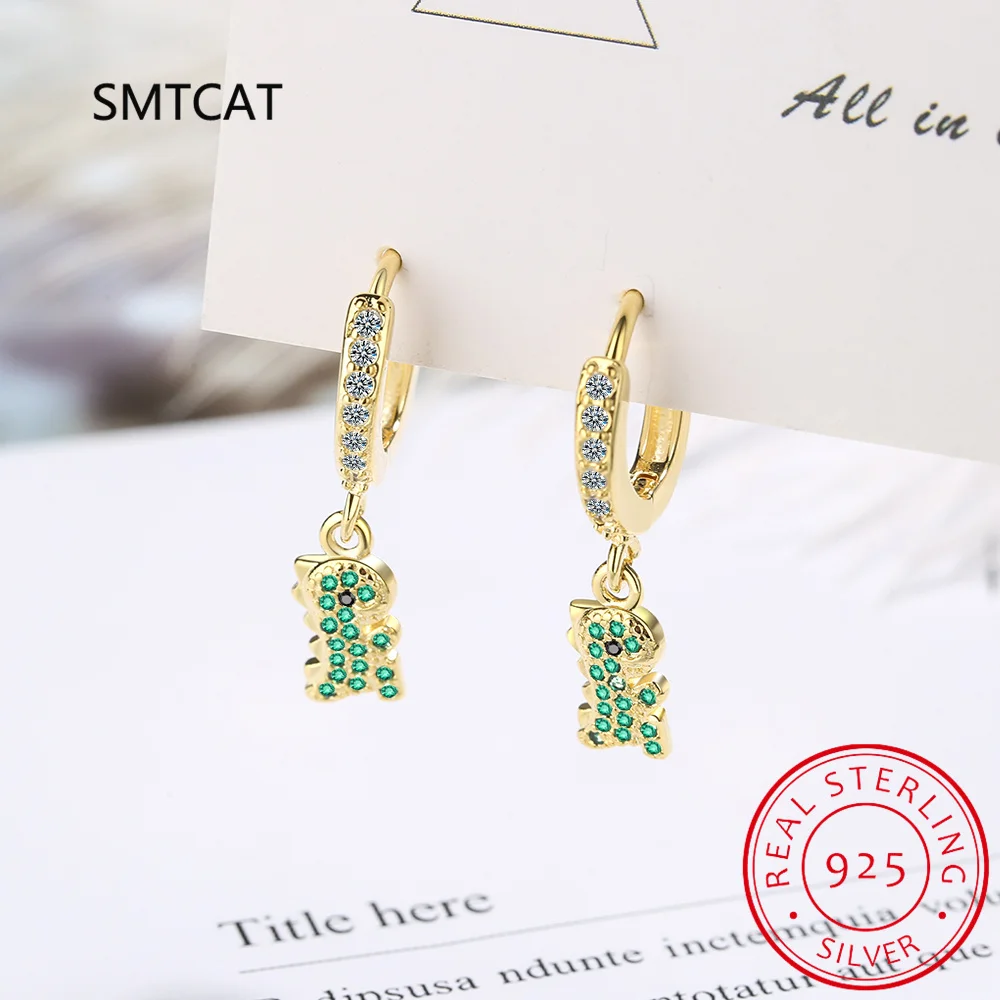 Green Simulated Nano Emerald 925 Sterling Silver Animal Cute Dinosaur Hoop Earring for Women Statement Gemstone Jewelry Huggies