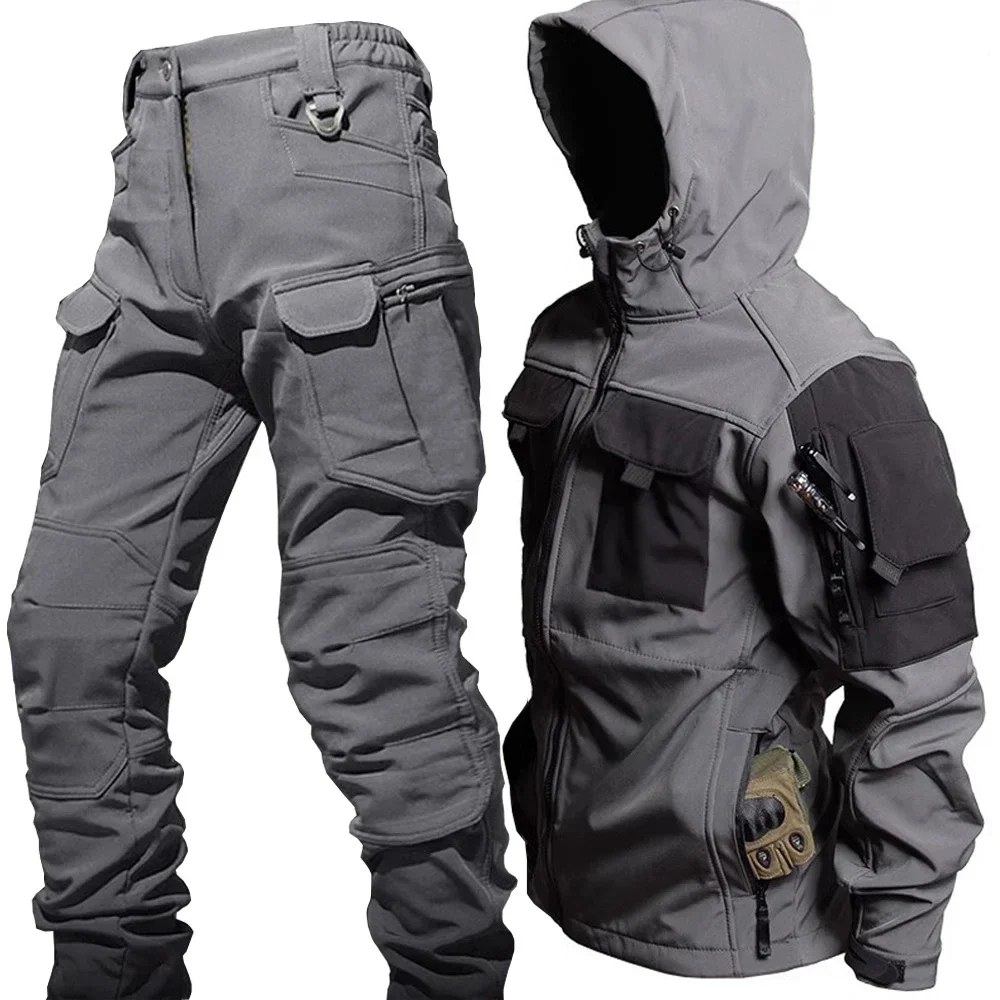 Winter Outdoor Waterproof Suits Men Tactical Windproof Hooded Jacket Fleece Warm Pants Multi-pocket Military Thermal Sets Autumn