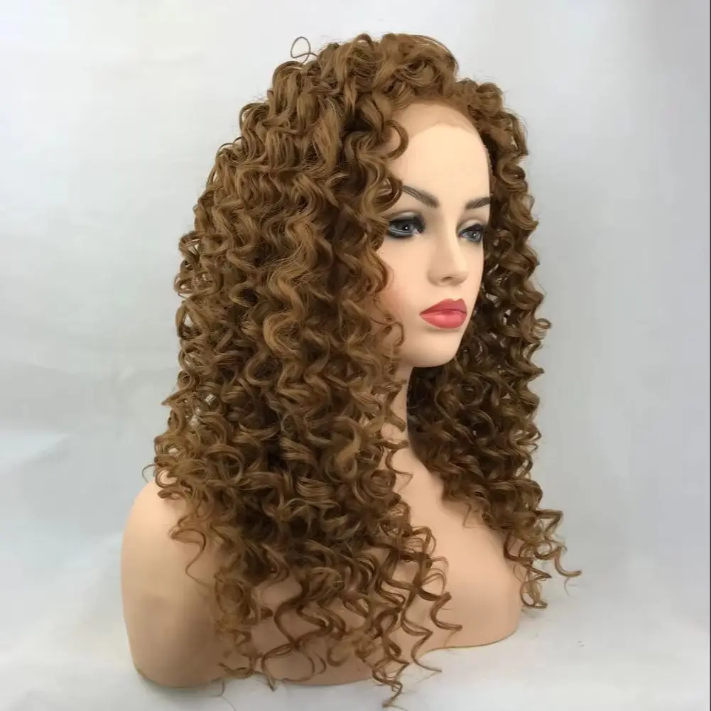 Fashiomag Afro Long Kinky Curly Honey Blonde  # 27 Lace Front Heat Resistant Fiber Wigs Women Soft Naturall