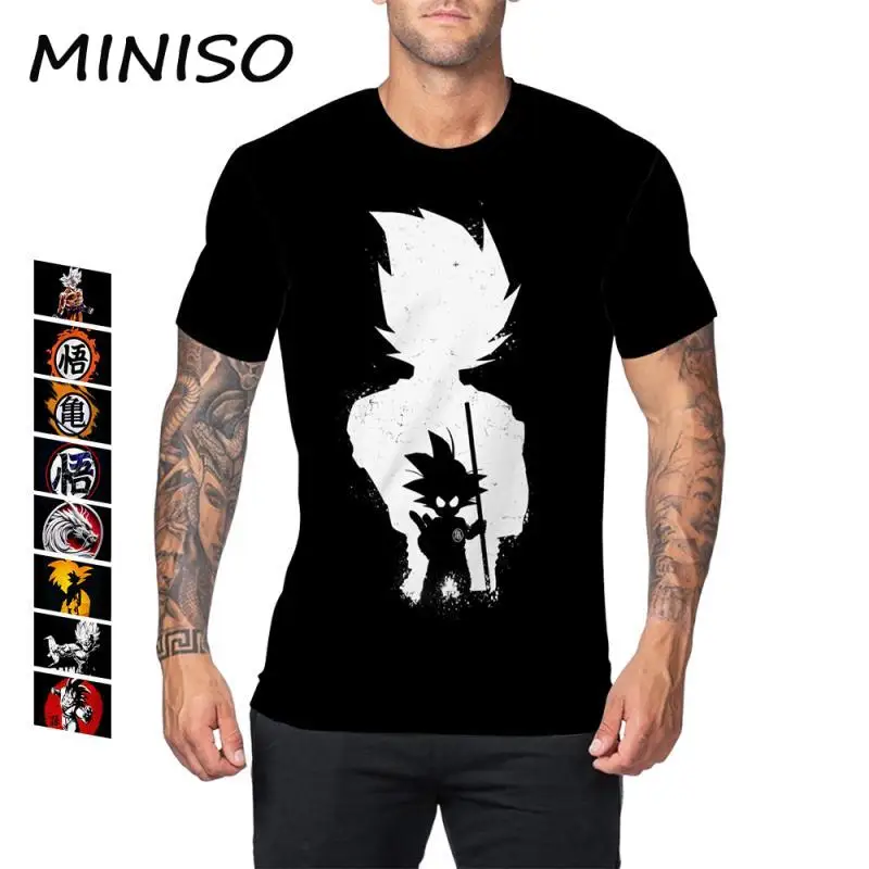 MINISO Japanese Anime Men Cosplay T-Shirt Son Goku Costume Summer Tops Dragons Printed Black Novelty Tee Casual Male Clothing