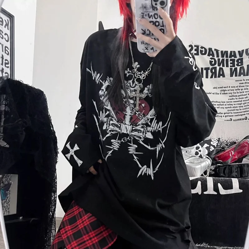 Subculture Japanese Gothic Print Punk Y2k T-shirt Women Loose Grunge T-shirt Aesthetics Tees Harajuku Kawaii Shirts Black Tops