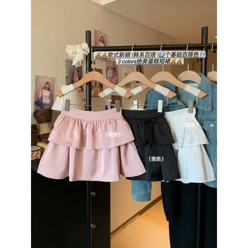 Real Shot Spot A- line Bubble Skirt Women's New Summer Black JK Skirt Small Slimming High Waist Tiered Dress