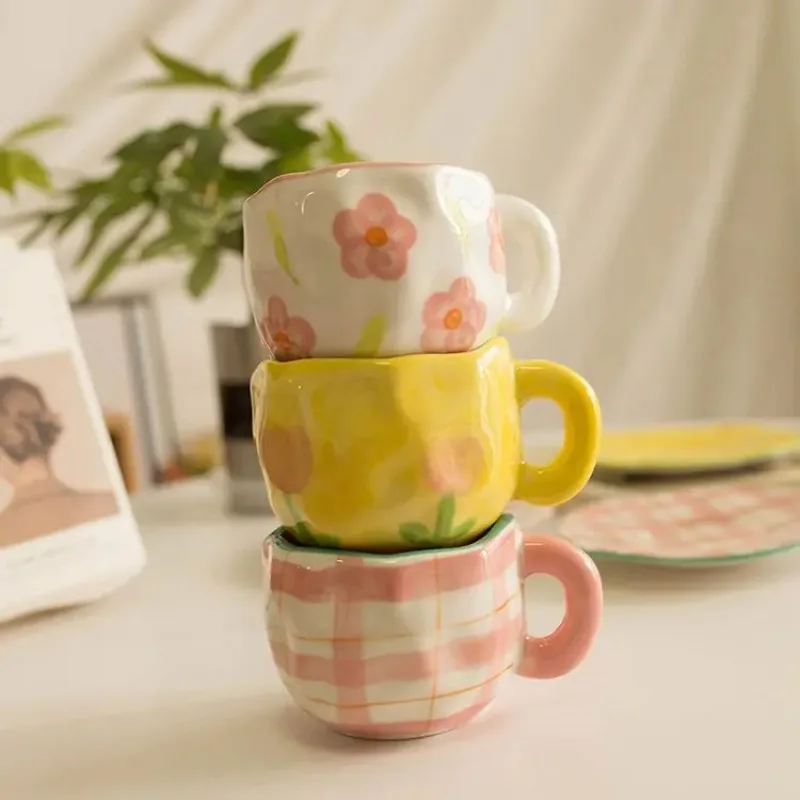 طقم أكواب وأطباق سيراميك إبداعية مصنوعة يدويًا، يمكن استخدام كوب القهوة متعدد الأنماط للميكروويف وغسالة الأطباق