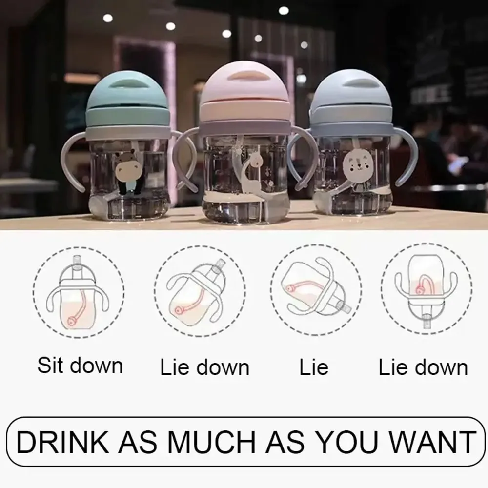 แก้วหลอดดูดน้ำ 250 มล. ขวดน้ำลายการ์ตูนน่ารัก ขวดน้ำเด็ก ขวดน้ำลายสัตว์ แก้วหัดดื่มสำหรับเด็กชายและเด็กหญิง แก้วน้ำแบบคว่ำ