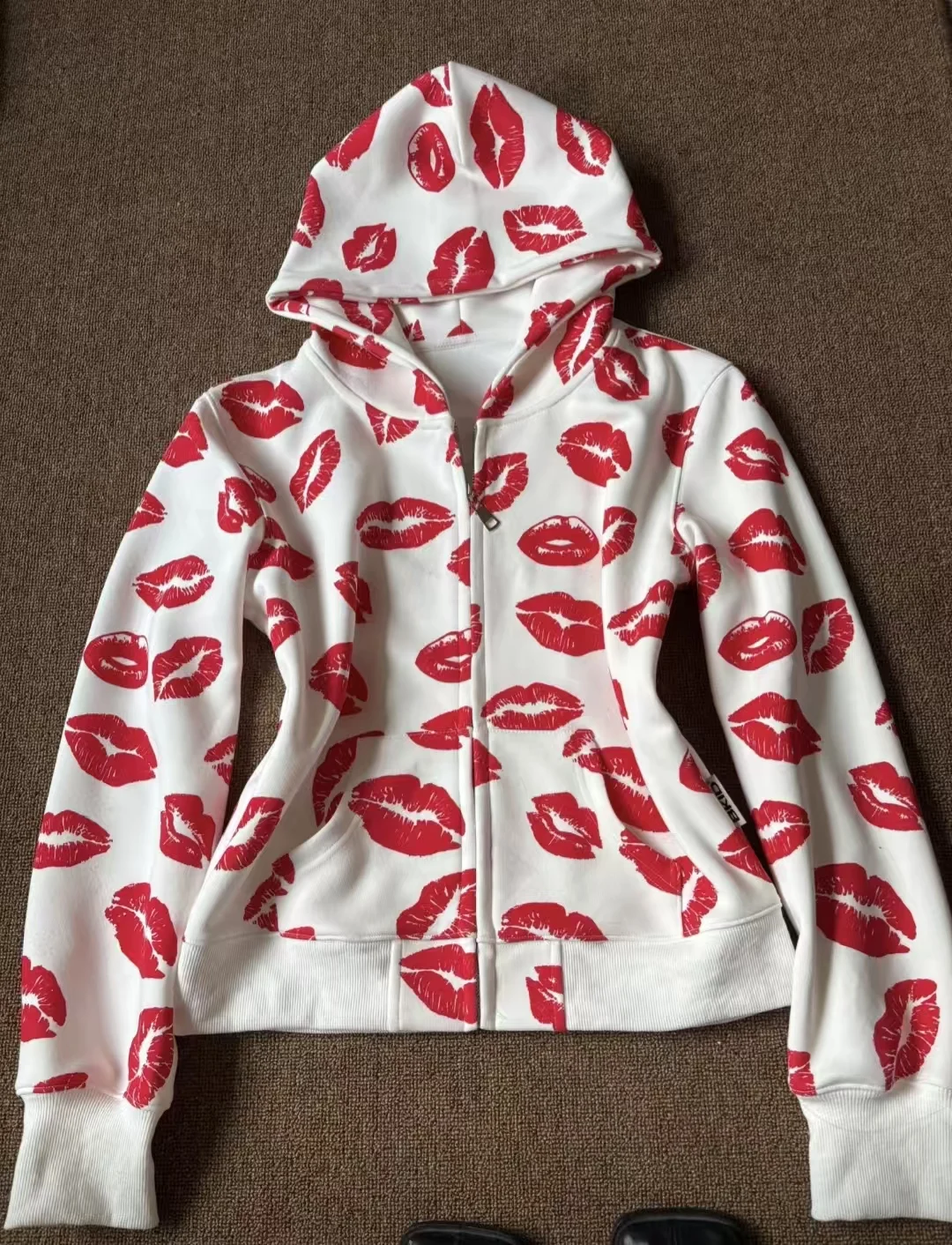 High Street Retro Red Lips Pattern Printed Short Zipper Hoodie Harajuku Punk Slimming Coat Autumn Winter Y2k Women Casual Hoodie