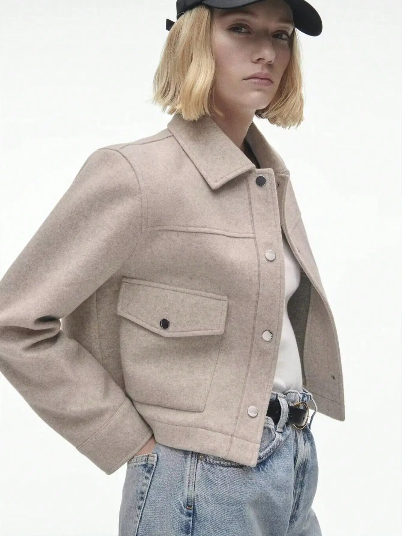 Khaki Fleece Jacket Women Cargo Pocket Short Coat Elegant Lapel Cropped Outerwear Chic Shacket Blusas Autumn