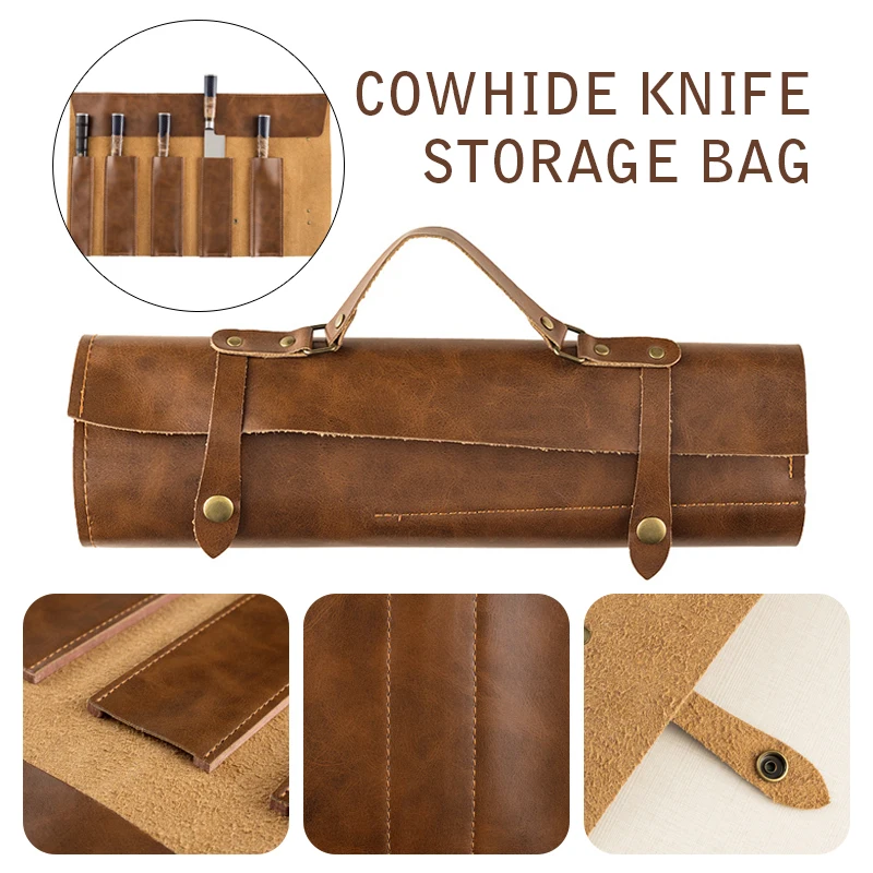 

Portable Two-layer Cowhide Leather Chef Knife Bag Cooking Kitchen Knives Storage Roll Bag Camping Carry Case Pockets Pouch