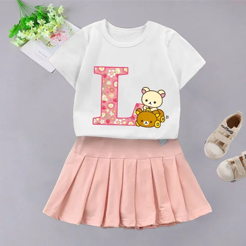 

Rilakkuma юбки для девочек, комплект футболок, летние аниме, футболки с медведем для отдыха, детская юбка с короткими рукавами и надписью A-Z, детская одежда, подарок
