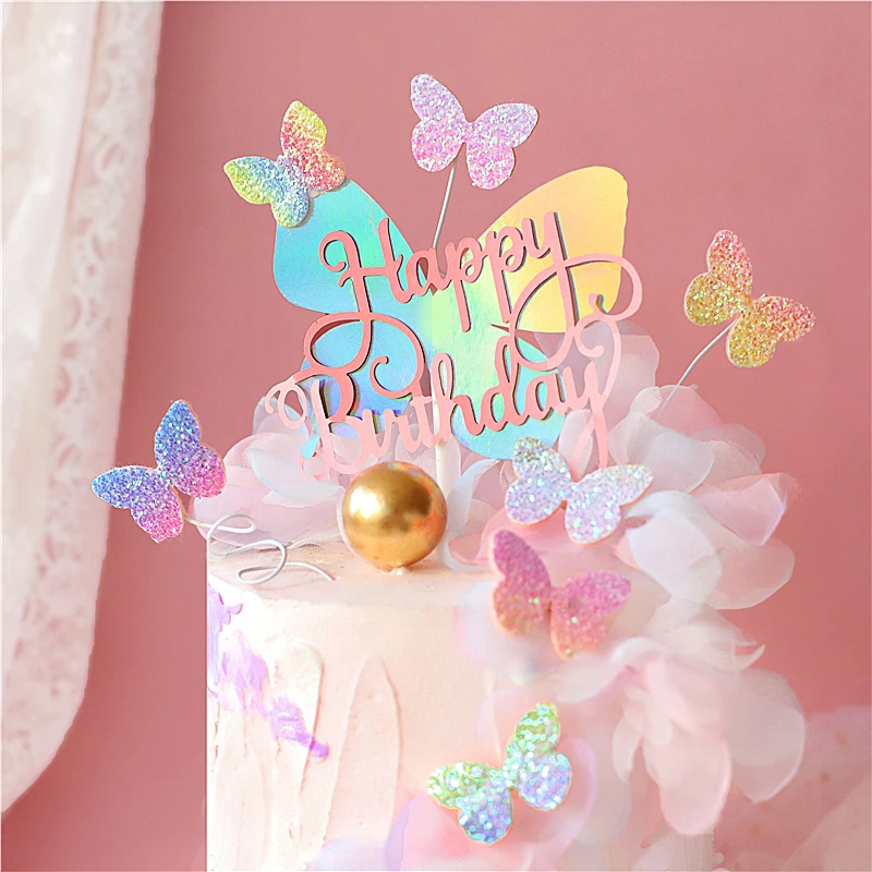 Butterfly Cake Decoration Rainbow Butterfly Happy Birthday Cake Toppers Baby Shower Party Dessert Table Decoration Baking