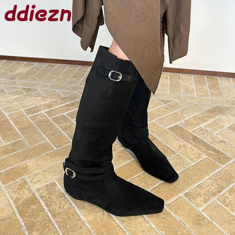 Fashion Flock Women Knee High Boots With Wedges Low Heel Shoes Buckle Female Pointed Toe Ladies Long Modern Boots Shoes lady