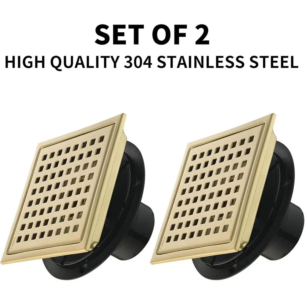 6 Inch Dual Shower Drain with Brushed Gold Square Grate, Removable Cover and Hair Filter for Bathroom, Kitchen, and Balcony