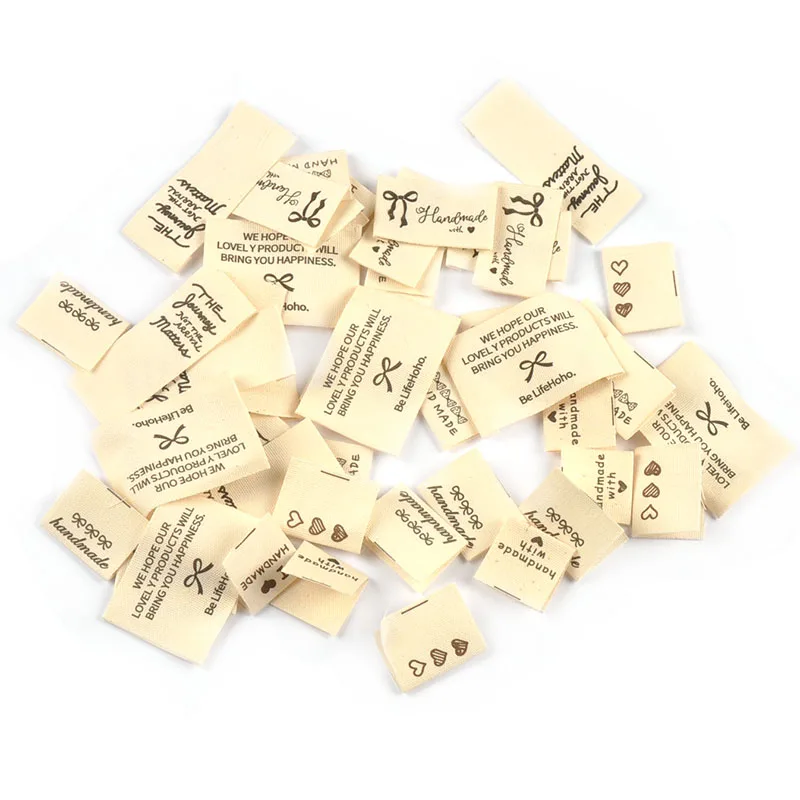50pcs 19.5-44mm Random Mix Simple Beige Printed Labels For Clothing DIY Hats Bags Sewing Decorative Handmade Accessories C3782