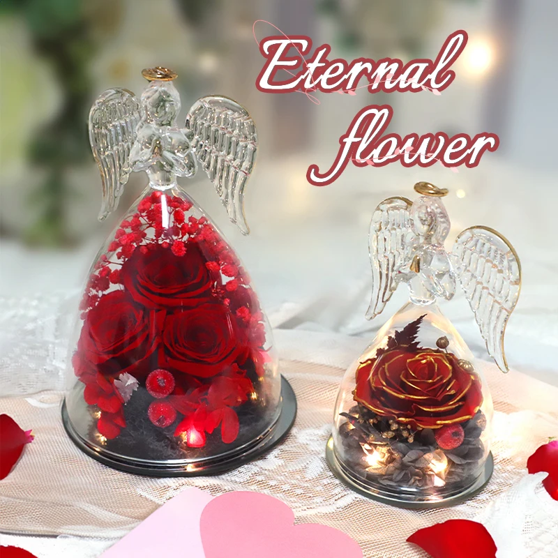 Estatueta de Anjo de Vidro Rosa Real, Light Up, Preservada, Roxo Azul, Quarto das Mulheres, Aniversário, Presente Do Dia Da Mãe, Presente De Luxo