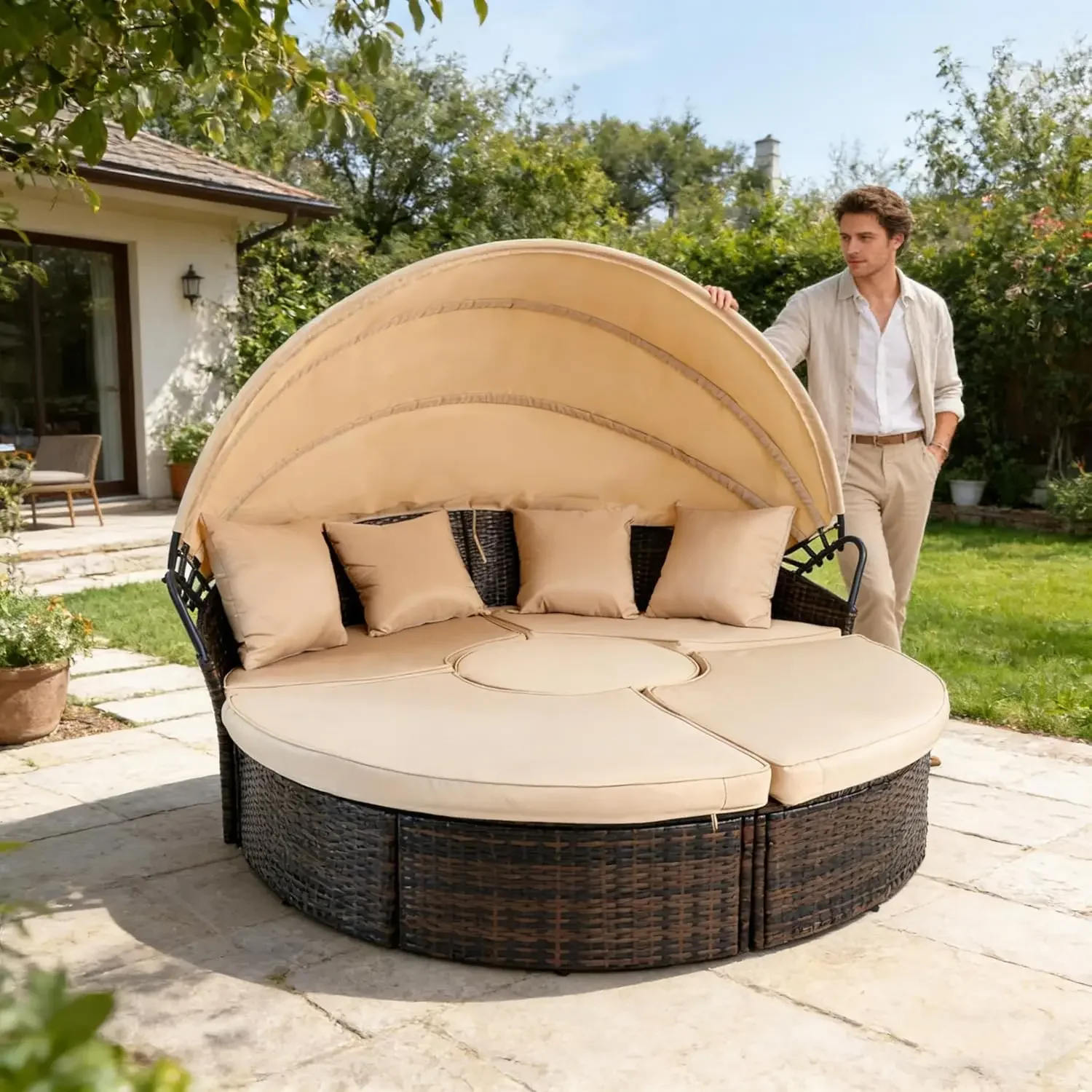 Outdoor Patio Round Daybed with Retractable Canopy, Brown Wicker Furniture Sectional Couch with Washable Cushions, Backyard, Por