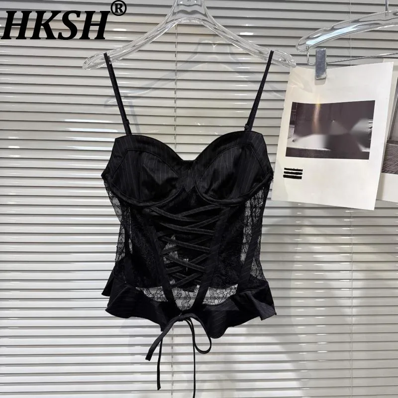 

HKSH Summer New Women's Chic Sexy Fashion Striped Patchwork Sheer Lace Tie Waist Cinching Camisole Vest Stylish Tank Tops HK7641