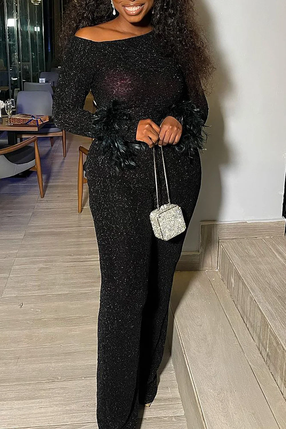 بالإضافة إلى حجم بذلة حزب أسود بريق طويل الأكمام الريش الترتر بذلة #3