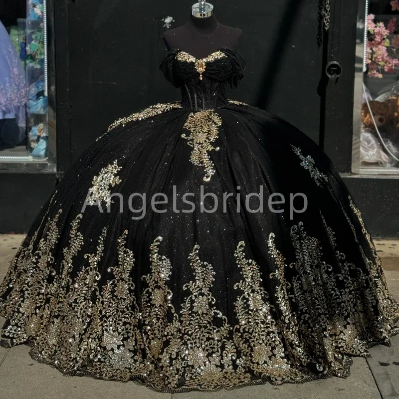 Angelsbridep Abito da ballo nero personalizzato Abiti Quinceanera Applicazioni in oro Perline Abito da sera da sera Donna Abiti da festa