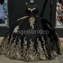 Angelsbridep Customized Black Ball Gown Quinceanera Dresses Gold Appliques Beading Evening Party Dress Woman Vestidos De Festa