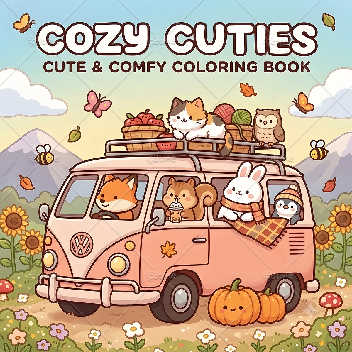 Cozy Cuties Coloring Book, Large Print Cute Autumn Animal Road Trip Scenes, Stress Relief Relaxing Art Drawing Book for Adults