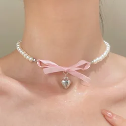 French Romantic Pink Bowknot Heart Pendant Pearl Necklace Jewelry 2024 Trending New Women's Sweet Pure Desire Bow Necklaces