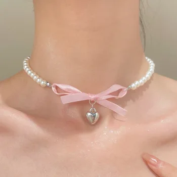 French Romantic Pink Bowknot Heart Pendant Pearl Necklace Jewelry 2024 Trending New Women's Sweet Pure Desire Bow Necklaces