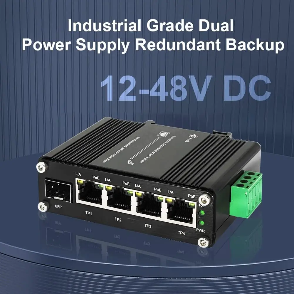 Mini Industrial 4-Port Gigabit POE+Switch: 4x 10/100/1000BASE-T RJ45, 1x 100/1000FX SFP, 12-48V DC, Din Rail/Wall-Mount