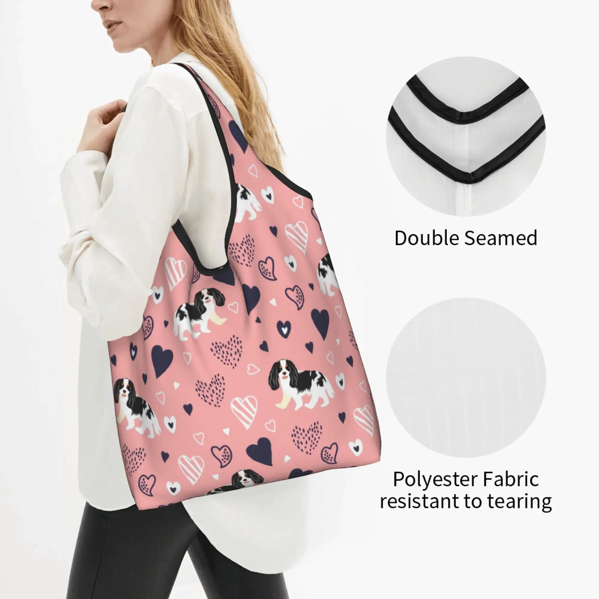 Cavalier King Charles Spaniel  Grocery Tote Shopping Bags Women Cute Cartoon Dog  Shopper Shoulder Bags Large Capacity Handbags