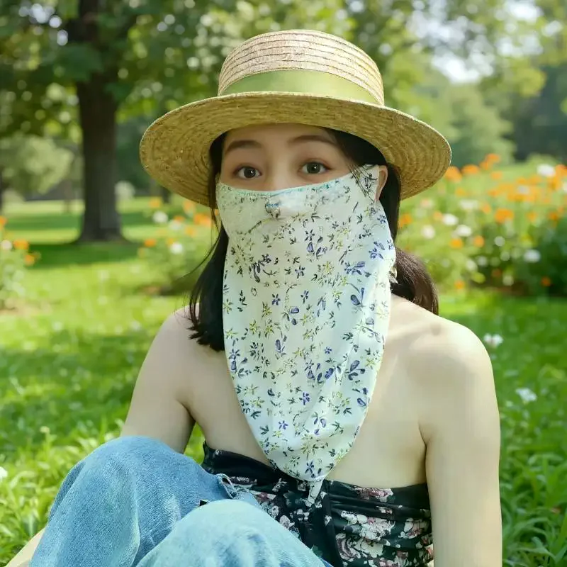 花柄サマーサンスクリーンマスクフルフェイス紫外線対策女性用薄型フェイスカバーベールマスクネックプロテクター