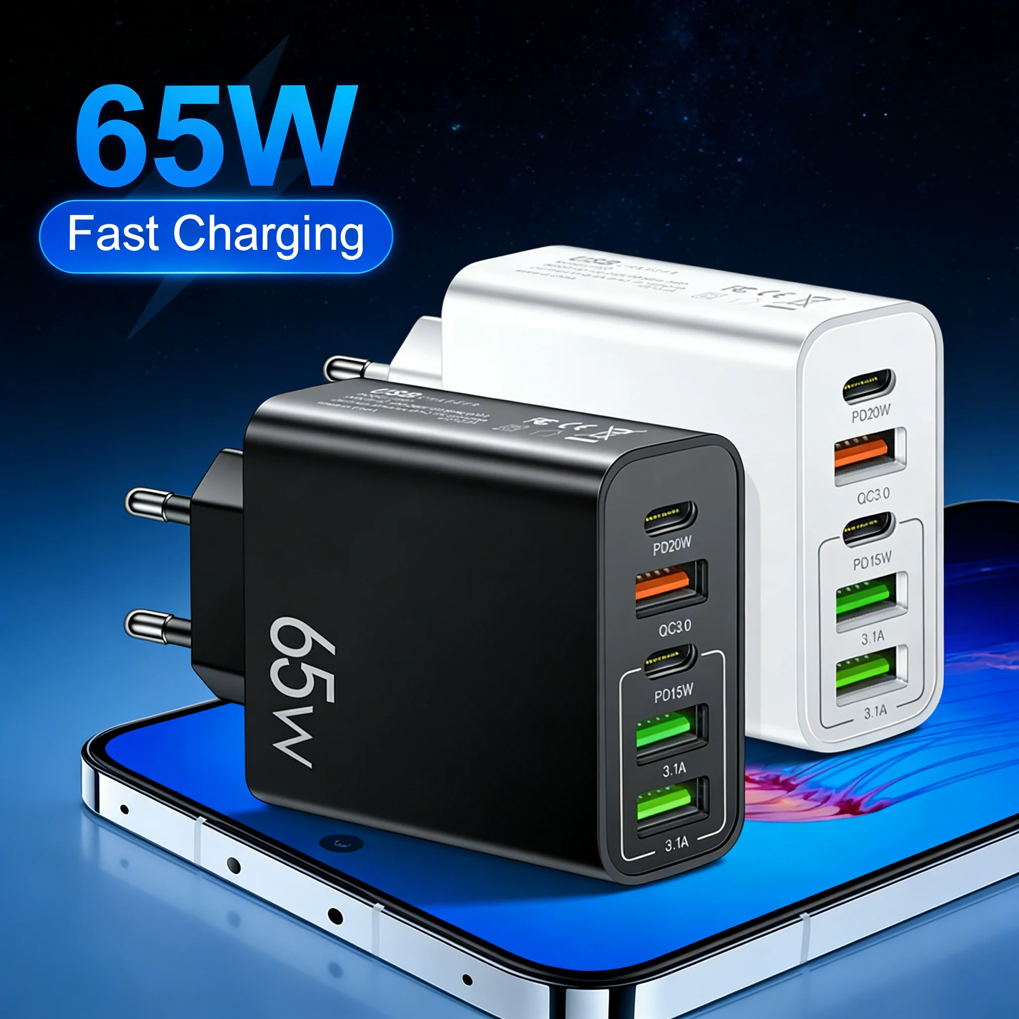 65W USB-Ladegerät mit 5 Anschlüssen, PD 20W USB-Schnellladung, Quick Charge 3.0, Telefonadapter für iPhone, Samsung, Xiaomi, Wandladegerät