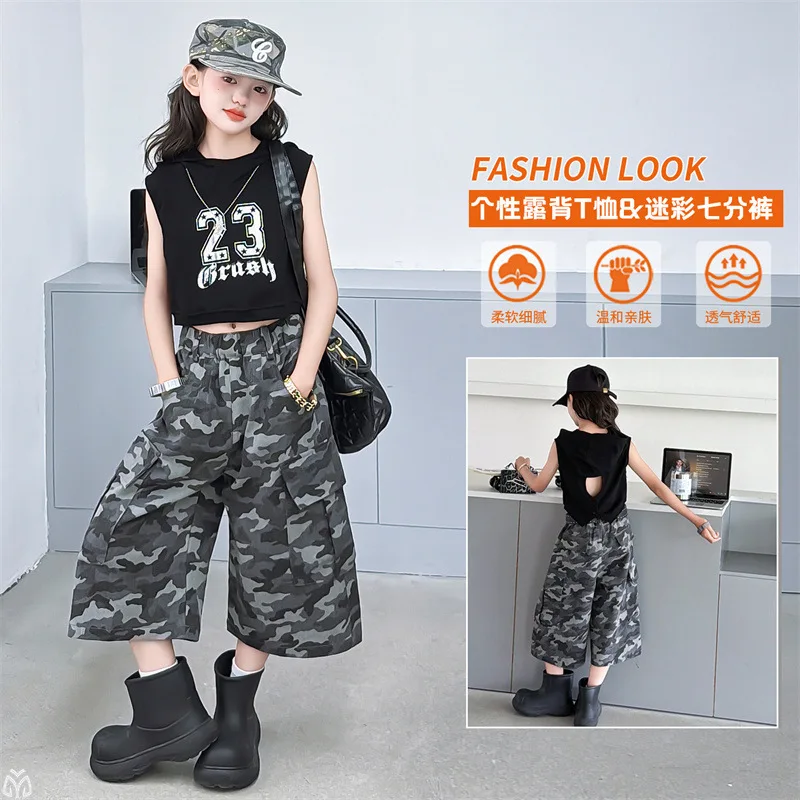 teenager Girls Jazz Hip hop street Dance Costume Fashion Cool Camouflage Pants Set Model Runway Show child clothes outfits 4-14