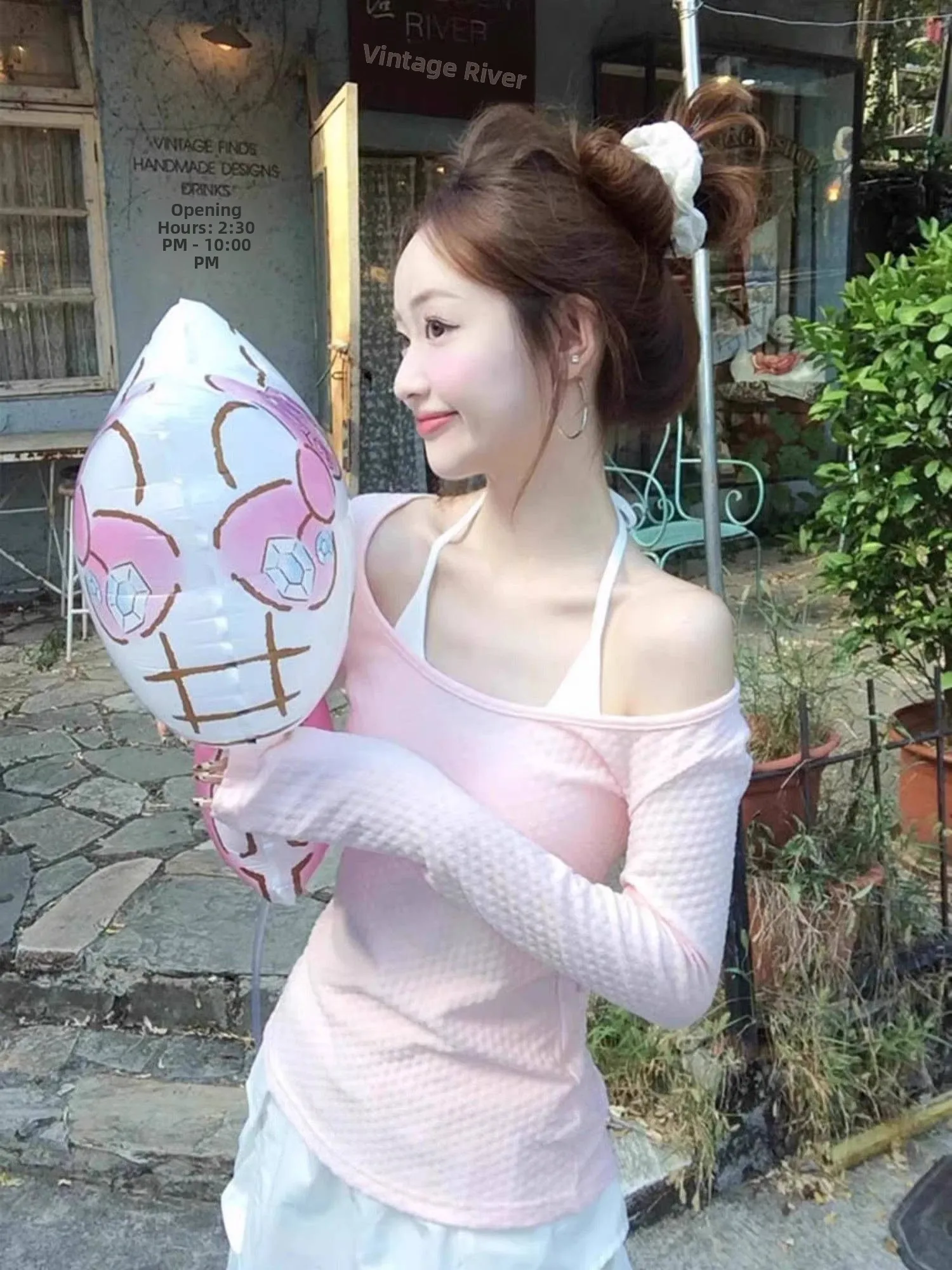 الحلو الوردي النقي طويل Sve Ne شنقا تي شيرت المرأة الربيع الصيف تصميم الإحساس oulder كلمة واحدة ضئيلة ort الأعلى #2