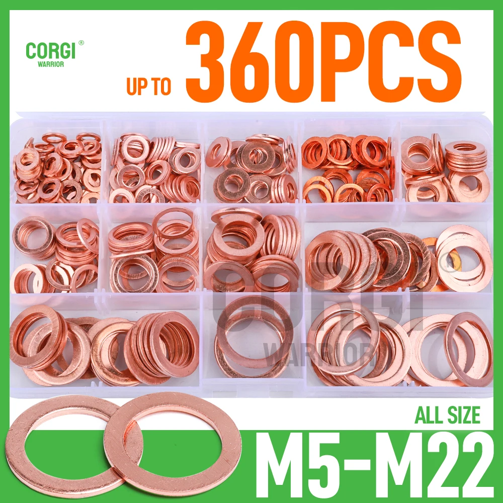 80 to 360 Pcs Brass Flat Ring Oil Drain Plug Crush Washers Gasket Sealing Assortment Set M5 M6 M8 M10 M12 M14 M16 M18 M20 M22