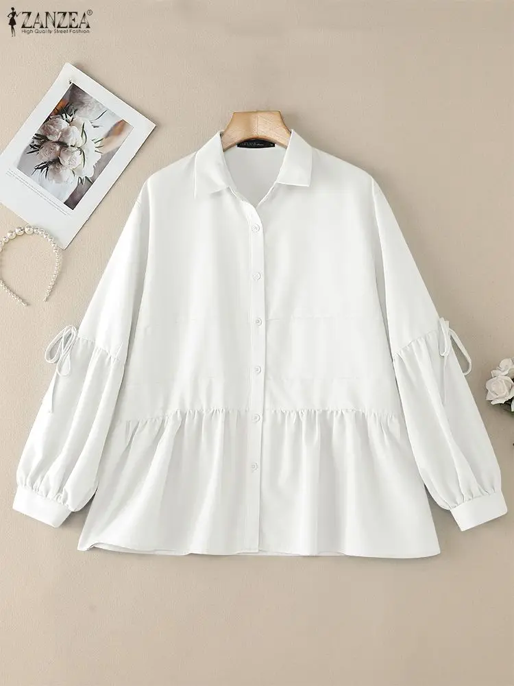 2025 ZANZEA otoño camisa de oficina blusa de mujer elegante cuello de solapa Tops de manga larga Casual con cordones Chemise sólido botón abajo Blusas