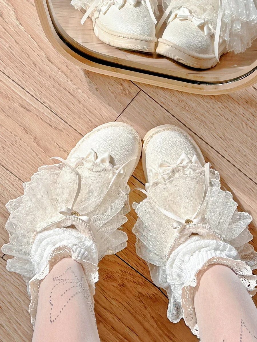 Sweet Princess Bow Short Warm Snow Boots Winter Lace Round Head Thickened Boot  Platform Shoes